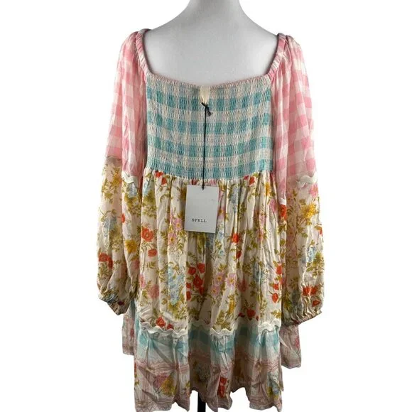 SPELL Women's Tunic Dress Pastel Floral Smocking Long Sleeve 233113N Size L - Picture 5 of 15